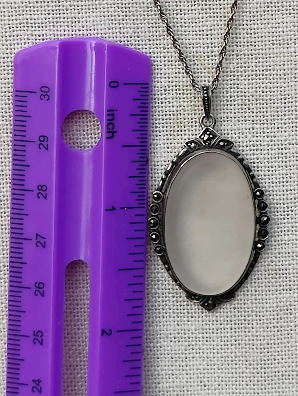 Vintage Sterling Art Deco Camphor Glass And Marcasite Pendant Necklace